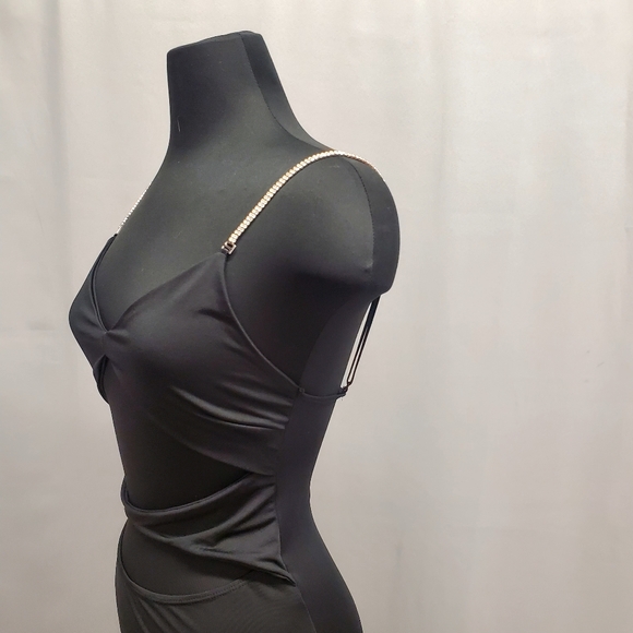Black Evening Long Dress Rhinestones Spaguetti Straps Cut out Long Size Medium - Picture 14 of 14